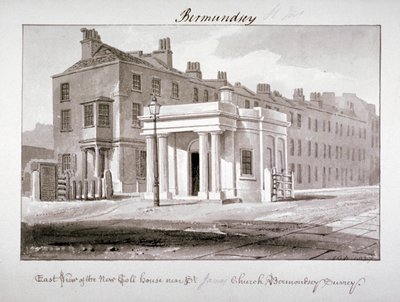 Widok od wschodu na nowy dom opłat drogowych w pobliżu kościoła św. Jakuba, Bermondsey, Londyn, 1827 r. autorstwa John Chessell Buckler