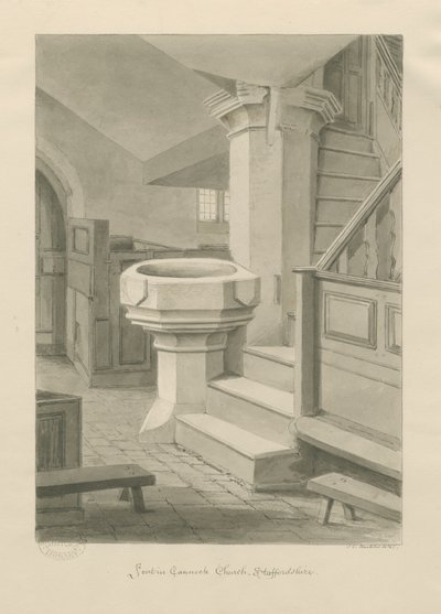 Czcionka w kościele Cannock: rysunek w sepii, 1841 autorstwa John Chessell Buckler