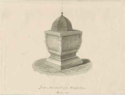 Czcionka w kościele Sandon: rysunek w odcieniu sepii, maj 1841 (rysunek) autorstwa John Chessell Buckler