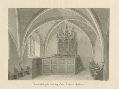 Wnętrze katedry w Lichfield - Sąd Konsystorza: rysunek w sepii autorstwa John Chessell Buckler