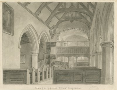 Wnętrze kościoła Sandon: rysunek w sepii, 1841 autorstwa John Chessell Buckler