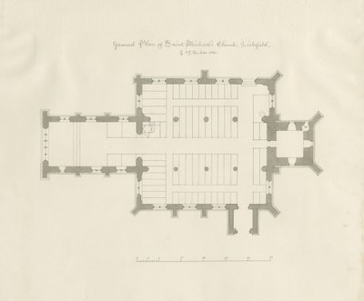 Lichfield - Plan terenu kościoła św. Michała: rysunek piórem i sepią autorstwa John Chessell Buckler