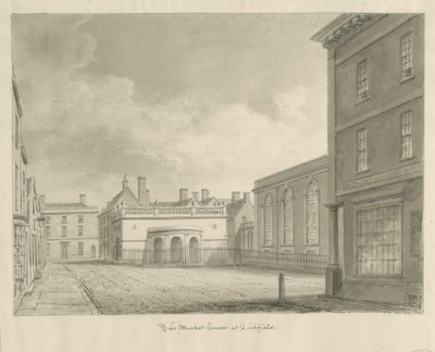 Lichfield - Market House: rysunek w sepii autorstwa John Chessell Buckler