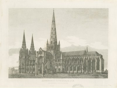Katedra w Lichfield - widok na południowy wschód: grawerowanie i [ok. 1820] (druk) autorstwa John Chessell Buckler