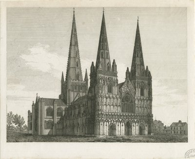 Katedra w Lichfield - Front Zachodni: grawerowanie i [początek XIX wieku] (druk) autorstwa John Chessell Buckler