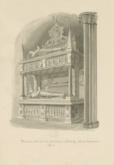 Penkridge Church – „Dwupokładowy” grobowiec Sir Edwarda Littletonsa: rysunek w sepii autorstwa John Chessell Buckler