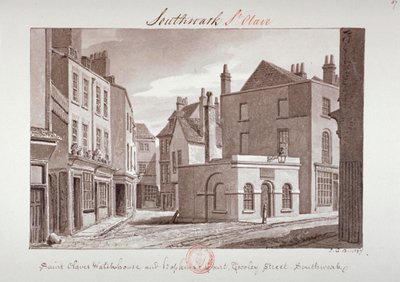„Strażnica św. Olafa i dwór Hopkina w pobliżu Tooley Street, Southwark”, Londyn, 1827 autorstwa John Chessell Buckler