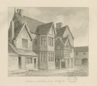 Stafford - Old Houses in Crabbery Lane: rysunek w sepii, 1841 autorstwa John Chessell Buckler
