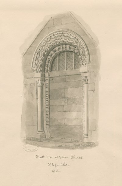Stowe Church - południowe drzwi: rysunek w sepii autorstwa John Chessell Buckler