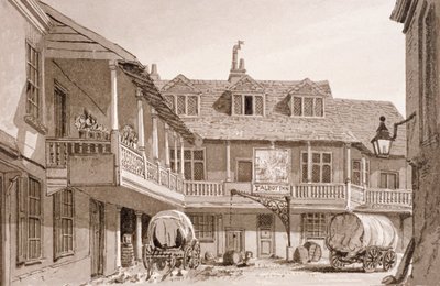 Tabard Inn na Borough High Street, Southwark, Londyn, 1827. autorstwa John Chessell Buckler