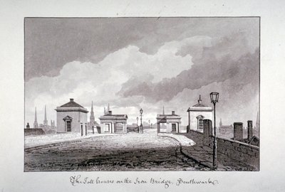 Płatne domy na Southwark Bridge, Londyn, 1827. autorstwa John Chessell Buckler