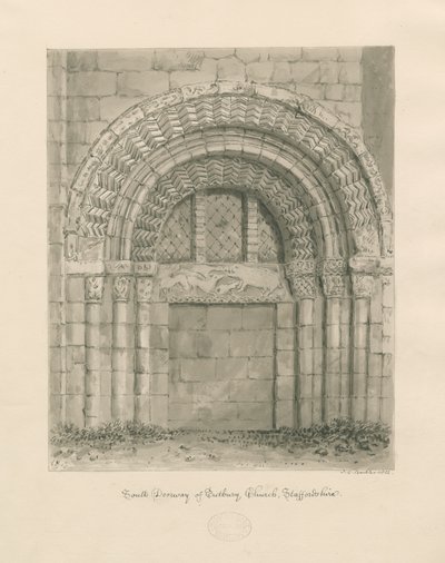 Tutbury Priory Church - South Doorway: rysunek rozmyty w sepii, 1812 autorstwa John Chessell Buckler