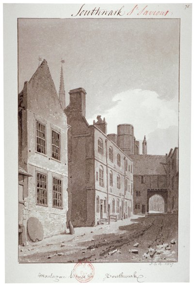 Widok w kierunku bramy Montague House, Southwark, Londyn, 1827 autorstwa John Chessell Buckler
