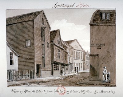 Widok Parish Street i Artillery Street, Bermondsey, Londyn, 1828 autorstwa John Chessell Buckler