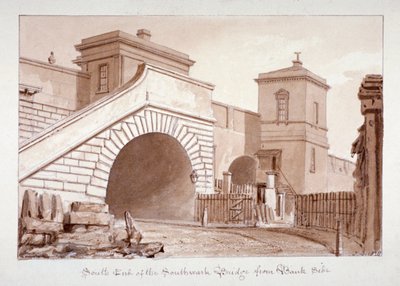 Widok na południowy kraniec mostu Southwark od strony Bankside, Southwark, Londyn, 1828 autorstwa John Chessell Buckler