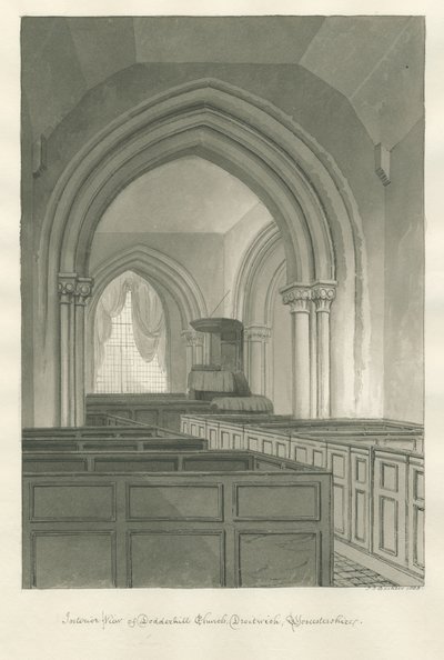 Worcestershire - Droitwich - Wnętrze kościoła Dodderhill: rysunek w sepii autorstwa John Chessell Buckler
