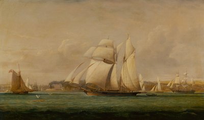 Szkuner Top Sail, dwa kutry Royal Yacht Squadron i amerykański statek handlowy (ropa naftowa) autorstwa John Christian Schetky