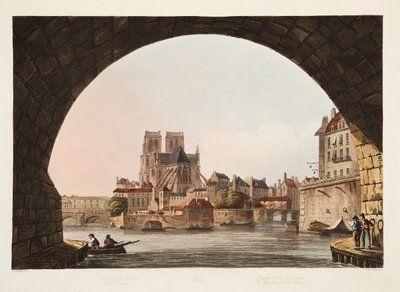 Most hotelu Dieu i kościół Notre Dame, ilustracja z Wersalu, Paryża i Saint Denis, wyd. 1805 (akwatinta) autorstwa John Claude Nattes