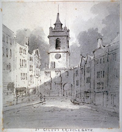 Kościół St Giles bez Cripplegate od Fore Street, City of London, 1790. autorstwa John Claude Nattes