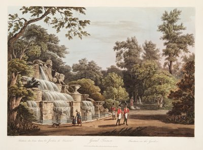 Grand Trianon, fontanna w ogrodzie, ilustracja z Wersalu, Paryża i Saint Denis, wyd. 1805 (akwatinta) autorstwa John Claude Nattes
