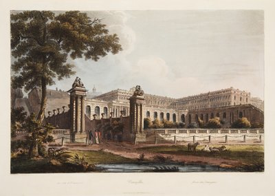 Wersal z Oranżerii, ilustracja z Wersalu, Paryża i Saint Denis, wyd. 1805 (akwatinta) autorstwa John Claude Nattes