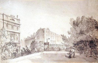 Widok placu Fitzroya z dwiema postaciami ciągnącymi rolkę ogrodową, ok. 1808 r. (tusz i pranie na papierze) autorstwa John Claude Nattes