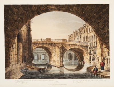 Widok spod pierwszego łuku mostu Hotel Dieu, Mały Most, część Hotel Dieu, ilustracja z Wersalu, Paryża i Saint Denis, wyd. 1809 (akwatinta) autorstwa John Claude Nattes