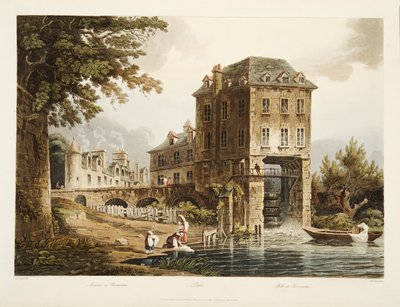 Młyn w Charenton, ilustracja z Wersalu, Paryża i Saint Denis, wyd. 1807 (akwatinta) autorstwa John Claude after Nattes