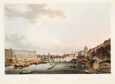 Luwr; Pont Neuf; Kolegium Czterech Narodów; Voltaires Quay, ilustracja z Wersalu, Paryża i Saint Denis, wyd. 1805 (akwatinta) autorstwa John Claude after Nattes