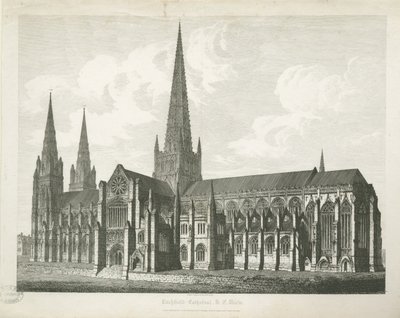 Katedra w Lichfield - widok południowo-wschodni: grawerowanie, bd [c 1823] (druk) autorstwa John Coney