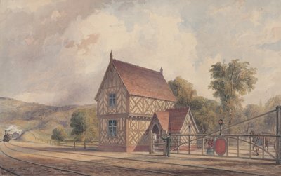 Wiejski dworzec kolejowy i przejazd kolejowy w stylu Tudorów, 1844-77. autorstwa John Connell Ogle