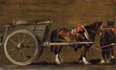 Wóz rolniczy z dwoma końmi w uprzęży: studium dla wozu w „Dolinie Stour i wiosce Dedham, 1814” (olej na płótnie na pokładzie) autorstwa John Constable