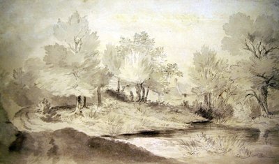 Staw Suffolk, z domkami w oddali (ołówek i pranie na papierze) autorstwa John Constable