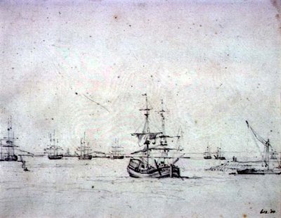 Bryg na kotwicy i inne statki na Tamizie (grafit na papierze) autorstwa John Constable