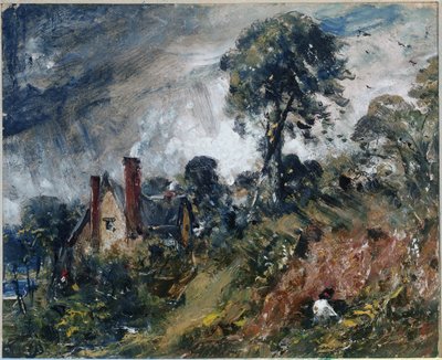 Chata wśród drzew, z ławicą (olej na płótnie) autorstwa John Constable