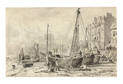 Wyrzucone na brzeg łodzie rybackie z rybakami naprawiającymi sieci na plaży w Brighton, patrząc na zachód, ok. 1824-28 autorstwa John Constable