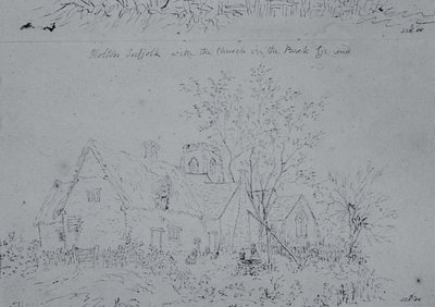 Chata w Holton z kościołem w tle (pióro i atrament na papierze) autorstwa John Constable