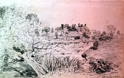 Budynki rolnicze i most w pobliżu Salisbury (ołówek) autorstwa John Constable