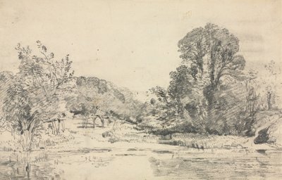 Krajobraz z drzewami otaczającymi staw. autorstwa John Constable