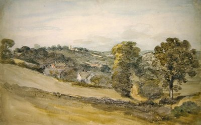 Widok na kościół Langham z okolic Stratford Road, Dedham (ołówek i akwarela na papierze) autorstwa John Constable