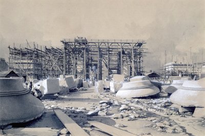 Budowa łuku Euston, październik 1837 (pióro i atrament oraz pranie na papierze) autorstwa John Cooke Bourne