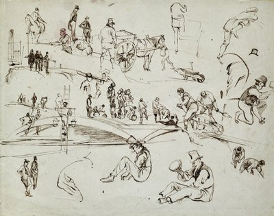 Budowa kolei londyńskiej i Birmingham, ok. 1835 r. (brązowy tusz na papierze; szkic złożony) autorstwa John Cooke Bourne