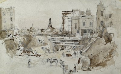 Budowa kolei londyńskiej i Birmingham, ok. 1835 r. (ołówek zamazany na papierze) autorstwa John Cooke Bourne