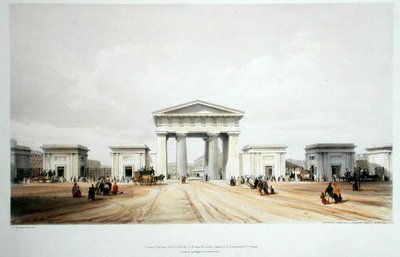 Portyk wejściowy, stacja Euston Grove, z „Rysunków kolei londyńskiej i Birmingham” Johna Brittona, opublikowana w 1838 r. (kolor lito) autorstwa John Cooke Bourne
