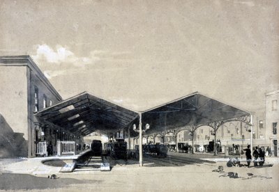 Wnętrze stacji Euston, maj 1837 (pióro i atrament oraz pranie na papierze) autorstwa John Cooke Bourne