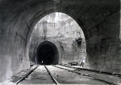 Świetny szyb wentylacyjny, Kilsby Tunnel, Northamptonshire, 1837-38 (pióro i atrament oraz pranie na papierze) autorstwa John Cooke Bourne