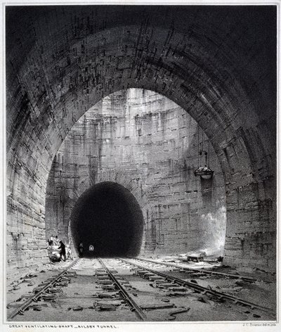 Świetny szyb wentylacyjny, Kilsby Tunnel, Northamptonshire, 1838 (pióro i atrament oraz pranie na papierze) autorstwa John Cooke Bourne