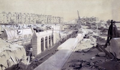 Mornington Crescent - Linia w budowie, wrzesień 1836 (pióro i atrament oraz pranie na papierze) autorstwa John Cooke Bourne