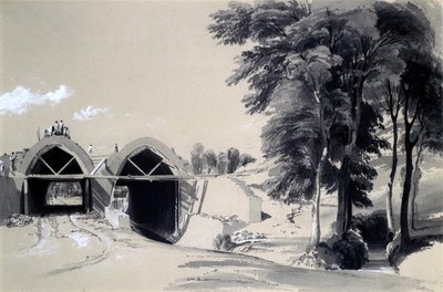 Occupation Bridge, Bugbrooke, Northamptonshire, 9 lipca 1837 (pióro i atrament oraz pranie na papierze) autorstwa John Cooke Bourne
