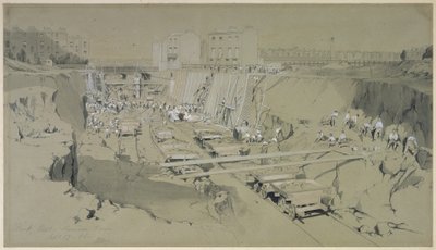Park Street, Camden Town, 17 września 1836 (pióro i atrament oraz pranie na papierze) autorstwa John Cooke Bourne